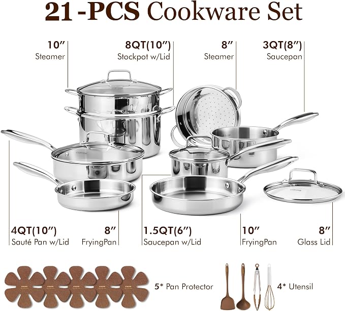 CAROTE 21pcs Tri-Ply Stainless Steel Cookware Set, Pots and Pans Set, Non Toxic - Image 2