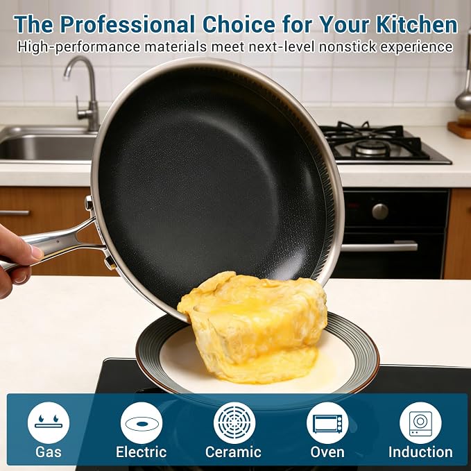 8 Inch Tri-Ply Stainless Steel Hybrid Frying Pan, Ceramic Nonstick Skillet - Image 5