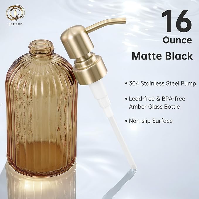 16 OZ Amber Glass Soap Dispenser, Amber Stripe Bathroom Hand Soap Dispensers - Image 3
