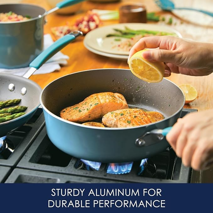 Rachael Ray Cucina Nonstick Cookware Pots and Pans Set, 12 Piece, Agave Blue - Image 3