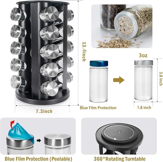 Tianifa Black Countertop Revolving Spice Rack, Empty 20-Jars Rotating Spice - Image 2