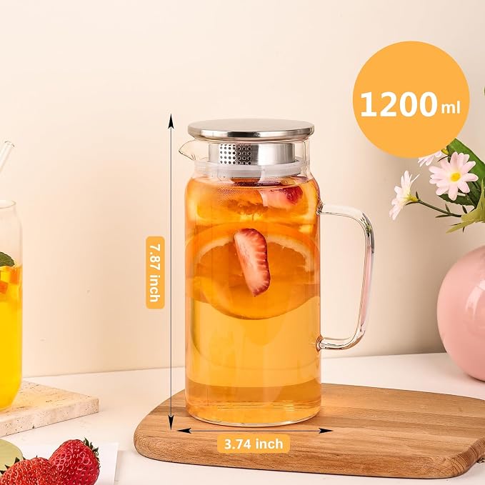 Set of 2 Glass Pitcher with Lid, 1200ml Leak Proof, Glass Water Jugs, Microwave - Image 2