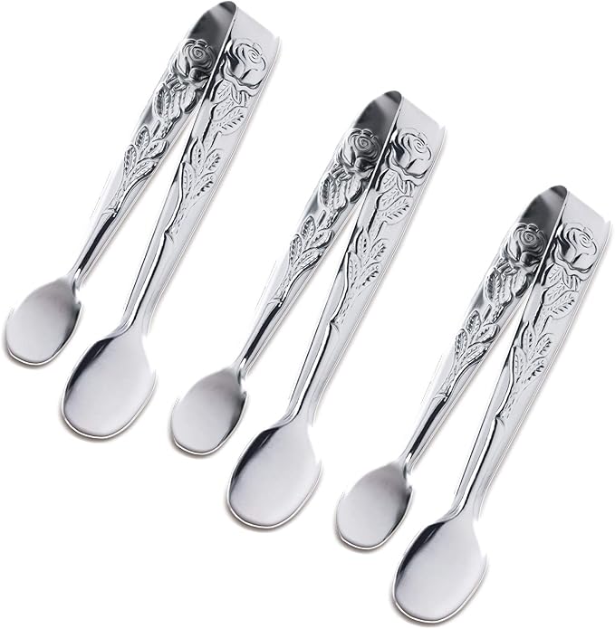 3PCS Mini Serving Tongs, 4Inch Rose Stainless Steel Sugar Cube Tongs, Sliver by Sunenlyst