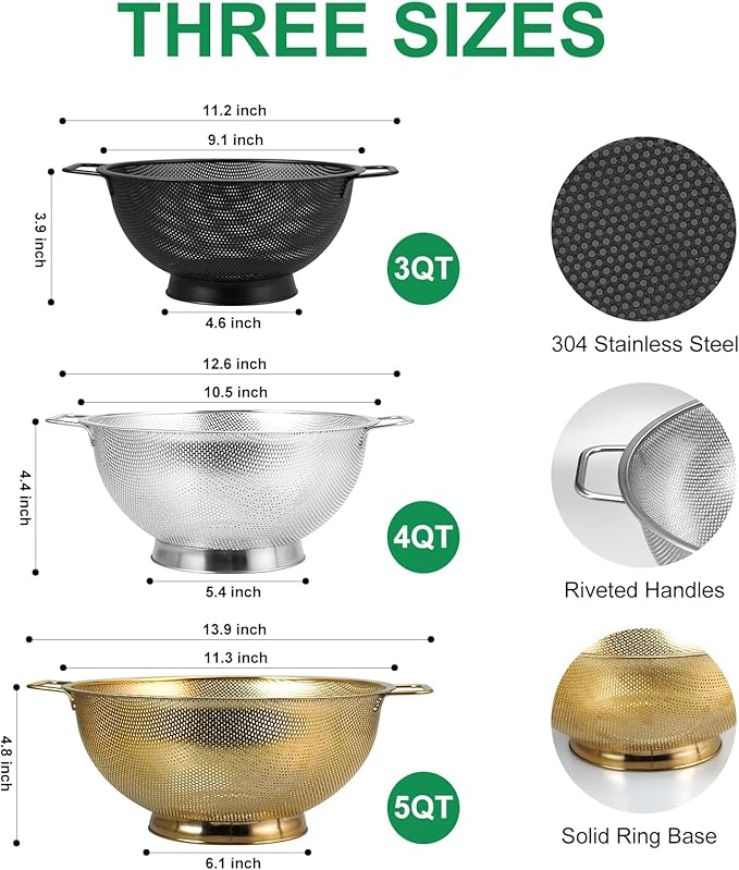 3PCS Three Colors Mix Colander Set, 3QT Black & 4QT Silver & 5QT Gold, - Image 4
