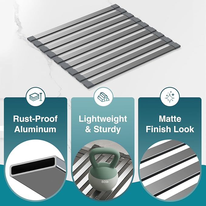 COOL-ANGLE Aluminum Roll Up Dish Drying Rack Over The Sink, 17.7" x 13.4" - Image 7