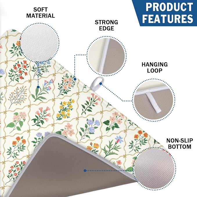 Floral Dish Drying Mat for Kitchen Counter Spring Summer Wild Flowers Diamond - Image 3