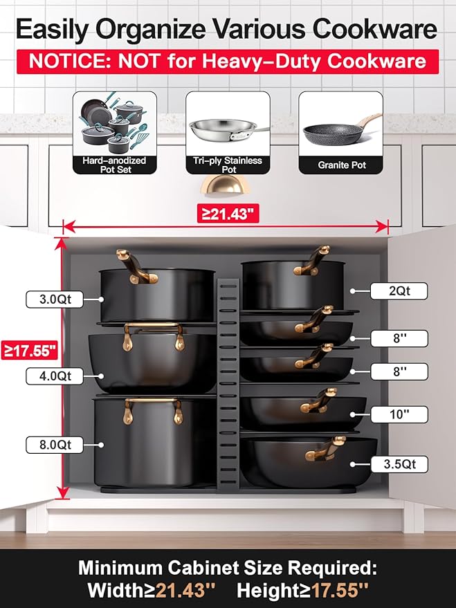 MUDEELA Pots and Pans Organizer Rack under Cabinet 14.55in Height, 8-Tiers - Image 2