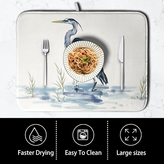 Summer Dish Drying Mat Blue White Heron Beach Absorbent Microfiber Drying Mats - Image 4