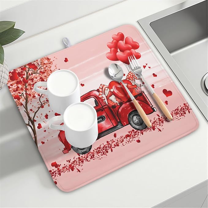 Valentine's Love Truck Dish Drying Mat, Valentine Red Gnomes Dish Drying Mat - Image 8