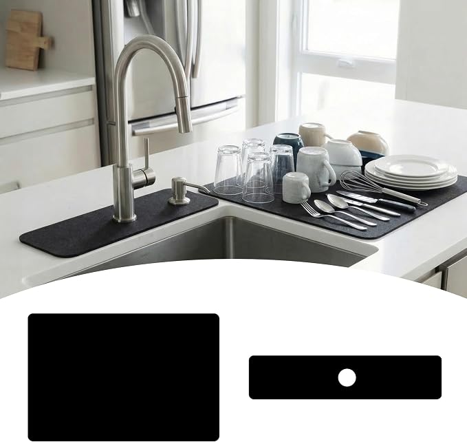 Customizable 24"L x 5.5"W Kitchen Sink Faucet Mat & 24"Lx16"W Dish Drying Mat by EazziSwitch