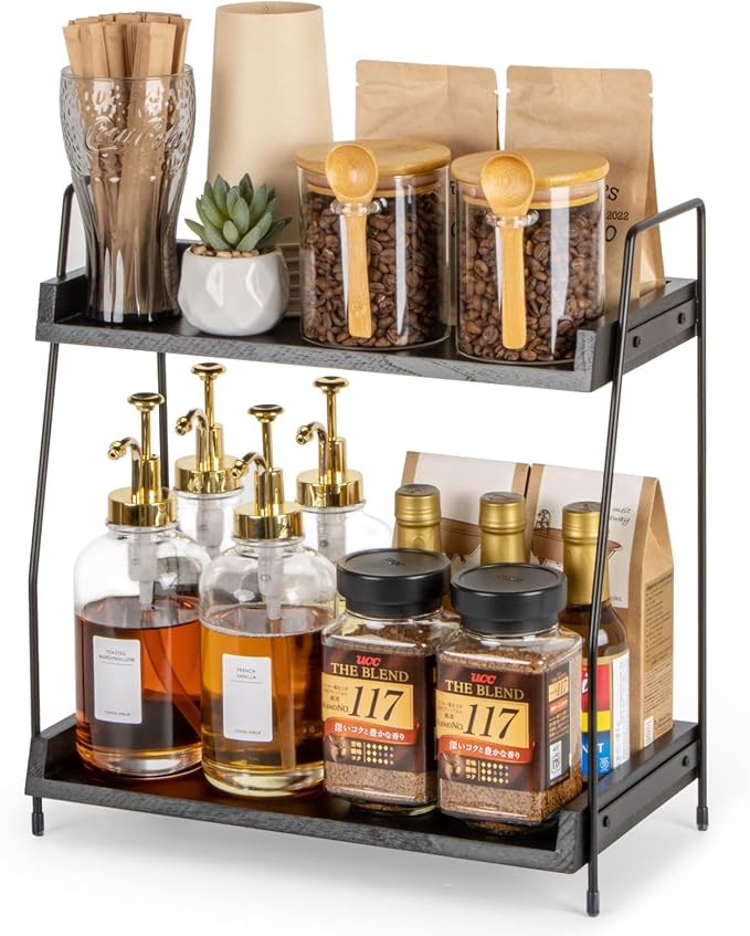 ANBOXIT 2-Tier Coffee Station Organizer, Wooden Kitchen Counter Shelf by ANBOXIT