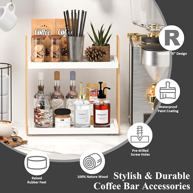 Coffee Bar Organizer for Countertop, 2 Tier Wooden Shelf for Coffeebar - Image 5