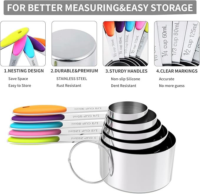 TILUCK Measuring Cups and Spoons Set, Stainless Steel, Kitchen Utensils - Image 5