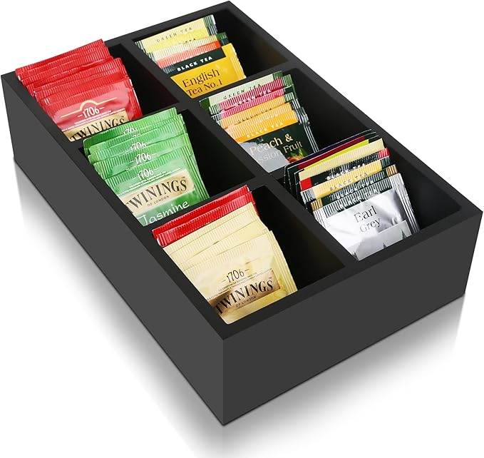 Tea Bag Box Wood Black 6 Compartments Tea Bag Organizer Drawer Storage by HymoConn