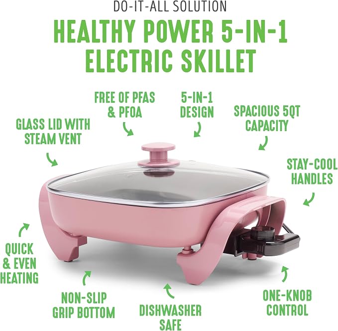 GreenLife12" 5QT Square Electric Skillet, Glass Vented Lid, Ceramic PFAS-Free - Image 3
