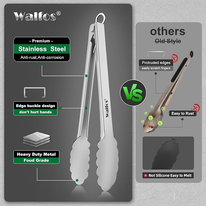 Walfos tongs for cooking, All Metal Kitchen Tongs 600℉ Heat Resistant, Heavy - Image 8