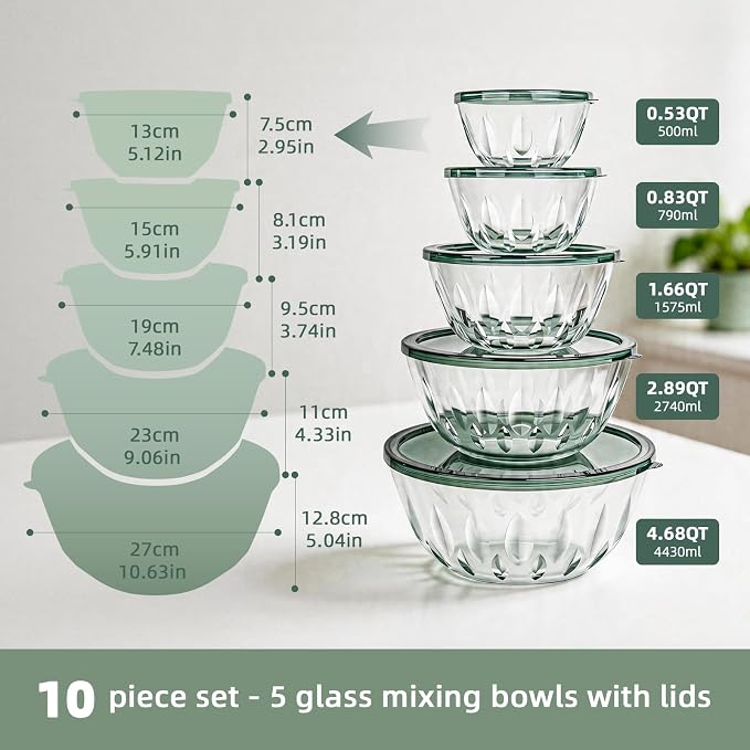 WhiteRhino Glass Bowls with Lids Set of 5（4.68QT, Glass Mxing Bowls with Lids - Image 2