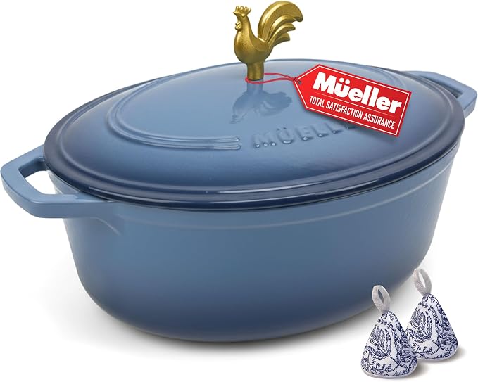 MUELLER HOME 5.5 Quart Enameled Cast Iron Oval Dutch Oven w Rooster Knob & by MUELLERHOME