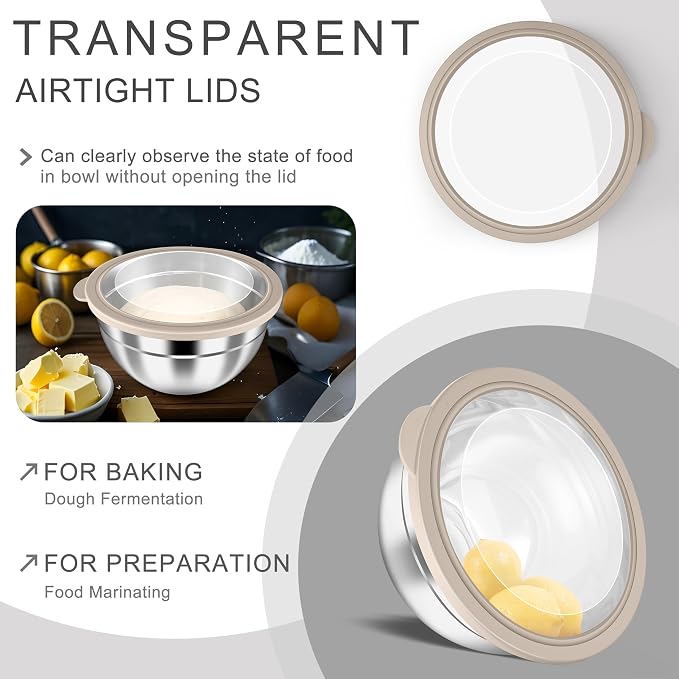 HaWare Mixing Bowls with Airtight Clear Lids, 6-Piece Stainless Steel Strong - Image 3