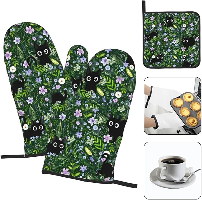 Spring Funny Black Cat Hot Pads and Oven Mitts Heat Resistant, Cute Cat Lover & - Image 3