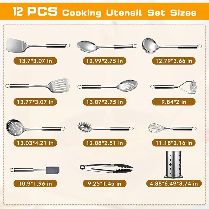 12 Pcs Stainless Steel Cooking Utensils Set, Metal Kitchen Tools Include - Image 7
