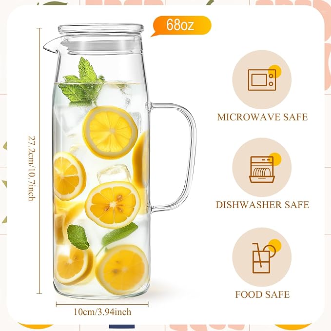 Hsei 2 Sets Glass Pitcher with Lid, 67.6 oz / 2000 ml Water Carafe with Handles - Image 2