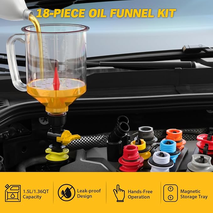 18-Piece No Spill Engine Oil Funnel Kit, 1.59QT/ 1.5L Automotive Coolant Funnel - Image 8