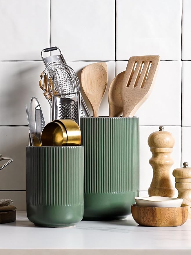 LE TAUCI Utensil Holder for Kitchen Counter, 7.3"+5.4" Fluted Ceramic Utensil - Image 3