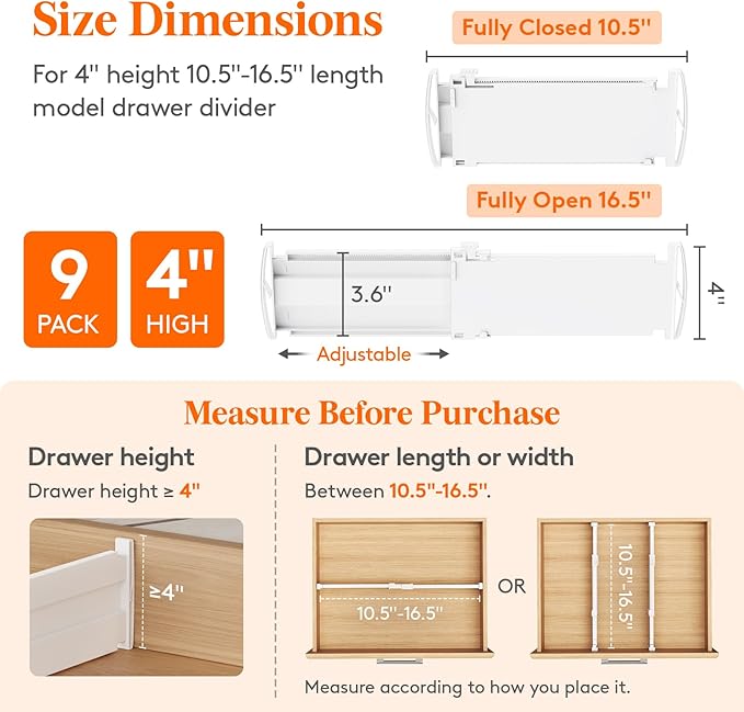 Lifewit 4" Tall 9 Pack Drawer Dividers, 27-42cm/10.5-16.5" Expandable Drawer - Image 2