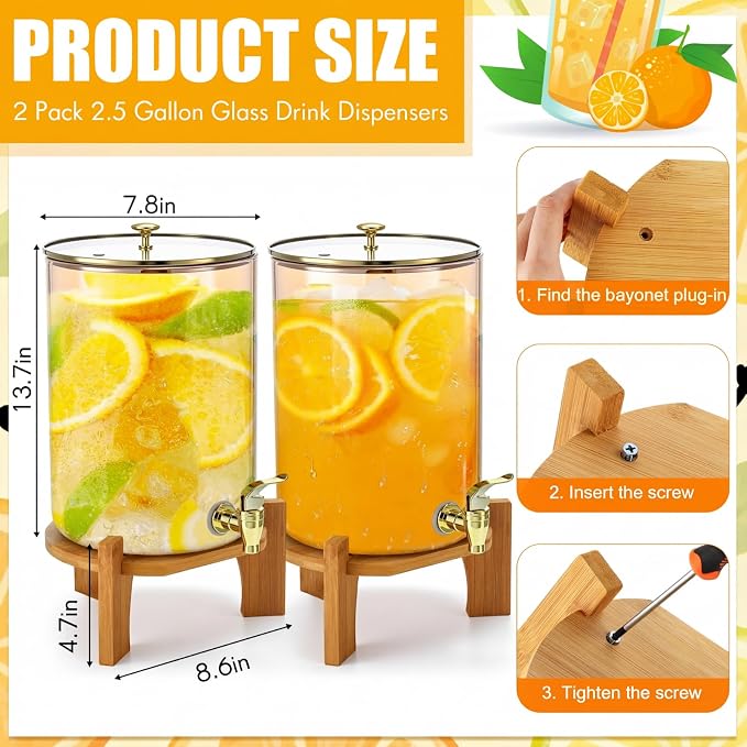 Honeydak 2 Pack 2.5 Gallon Each Amber Glass Drink Dispensers - Image 2