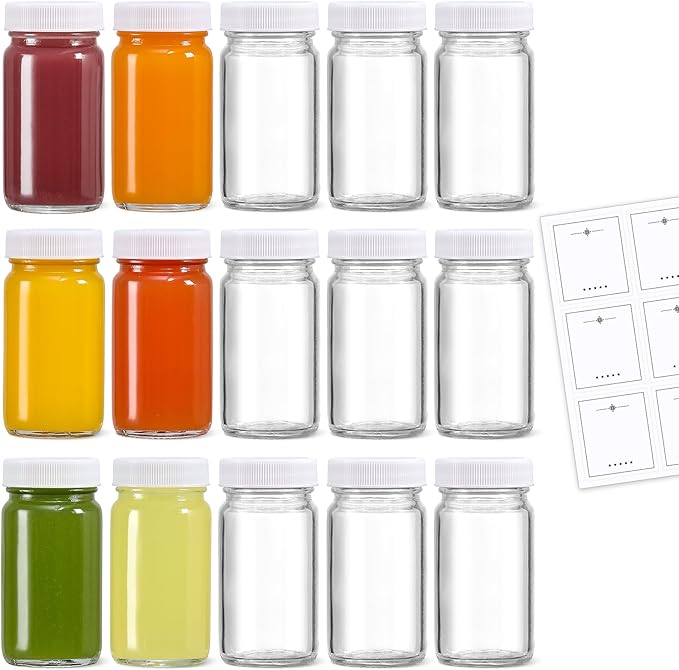 LANDNEOO 15 Pack 2 oz Glass Shot Bottles w/White Lids & 15 Labels by MakeLifeBetterEasier