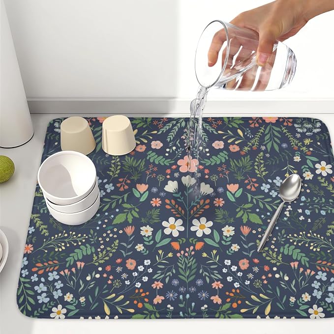 Floral Dish Drying Mat for Kitchen Counter Rustic Flower Leaves Print - Image 6