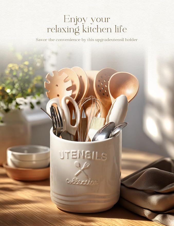 AISBUGUR Large Ceramic Utensil Holder: 7.5" H×6.3" W - Image 2