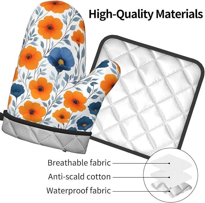 Spring Orange Blue Floral Oven Mitts and Pot Holders Sets of 3, Heat Resistant - Image 8