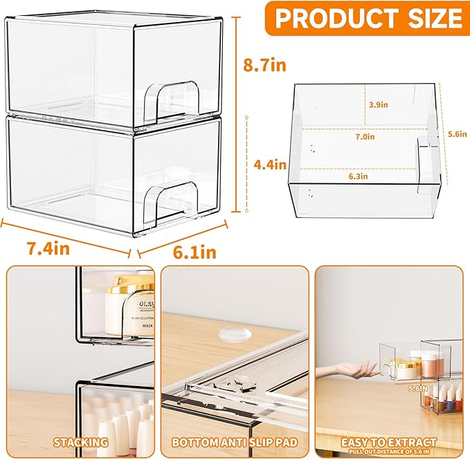 Yieach 2 Pack Clear Stackable Storage Drawers, 4.4'' Tall Acrylic Drawer - Image 3