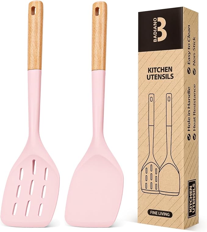 Pack of 2 Silicone Spatula, Non Stick Cooking Utensil Set Wooden Handle Kitchen by BADIANO