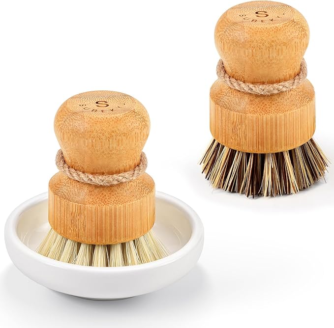 SUBEKYU Bamboo Dish Scrub Brushes, Kitchen Wooden Cleaning Scrubbers Set by SUBEKYU