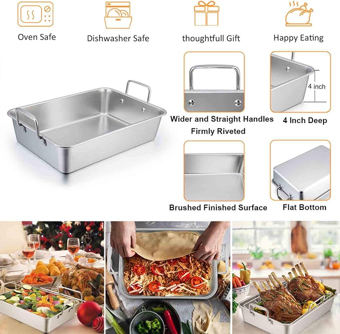 TeamFar Stainless Steel Roasting Pan, 16 Inch Large Turkey Roaster Lasagna Pan - Image 5