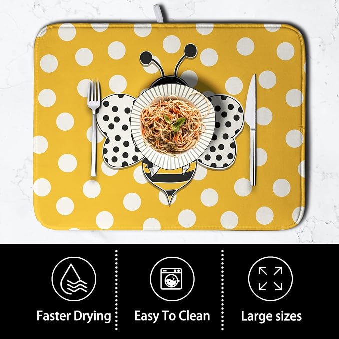 Bee Dish Drying Mat for Kitchen Counter 16x18 Inch Yellow Honey Bees Polka Dots - Image 4