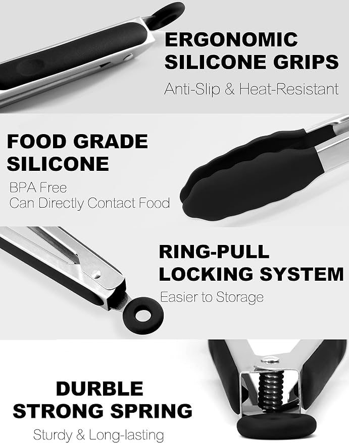 Anaeat 3 Pack 7" Mini Non-Stick Silicone Locking Tongs - Image 5