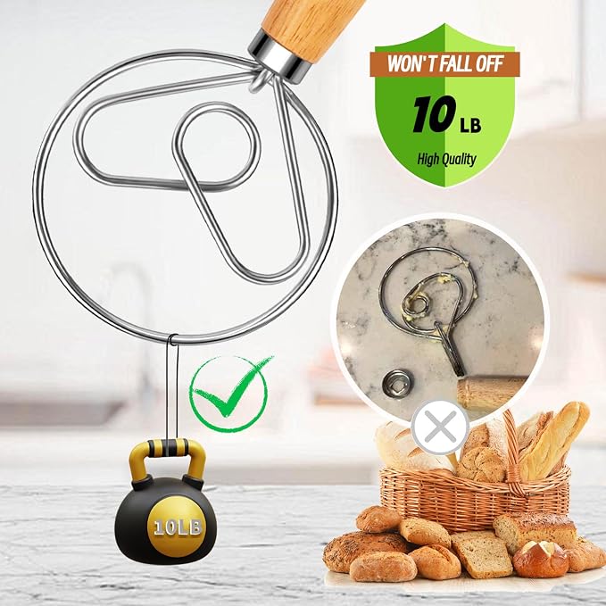 Danish Dough Whisk with Dough Hook Stainless Steel Wooden Handle - Image 4
