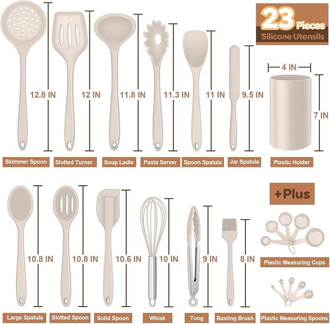 Silicone Kitchen Utensils Set, E-far 23 Pcs Khaki Cooking Utensils Tools - Image 3