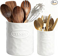 White Utensil Holder Set of 2 Ceramic Cooking Utensil Crock Modern Kitchen by KJEC