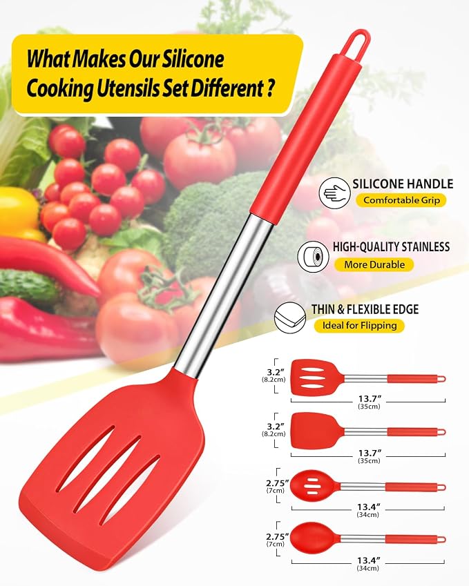 Pack of 4 Silicone Cooking Utensils Set, Non Stick Large Solid Spatulas - Image 2