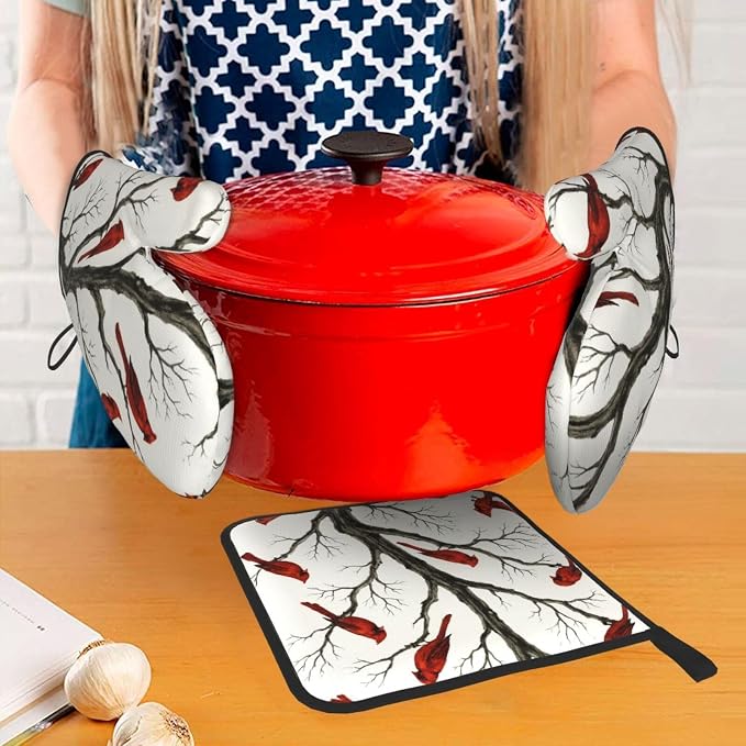 Christmas Pot Holders and Oven Mitts Set of 3, Winter Red Cardinal Kitchen - Image 7