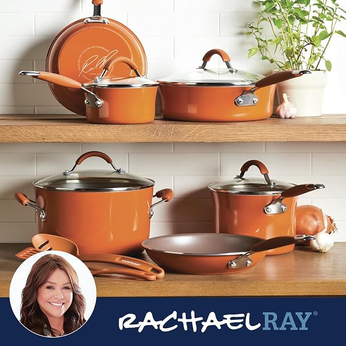 Rachael Ray Cucina Nonstick Cookware Pots and Pans Set, 12 Piece, Pumpkin Orange - Image 8
