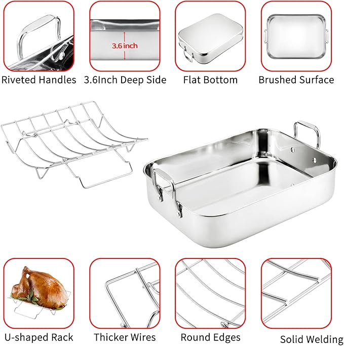 JY COOKMENT Roasting Pan with Baking Rack, 16.5 Inch Stainless Steel Turkey - Image 7
