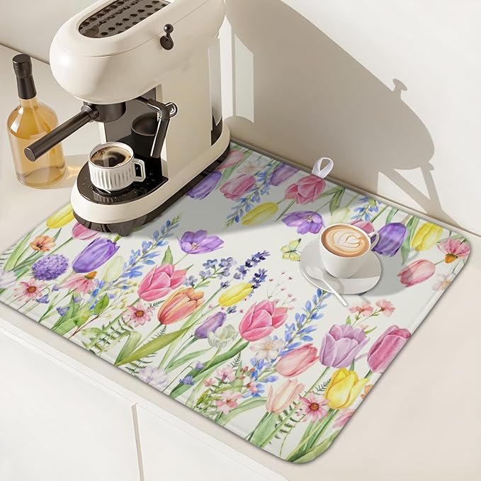 Spring Floral Dish Drying Mat for Kitchen Counter Easter Tulip Lavender Flower - Image 7