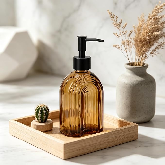 Black Pump Glass Soap Dispenser, 12oz Brown Stripe Countertop Refillable Liquid - Image 5