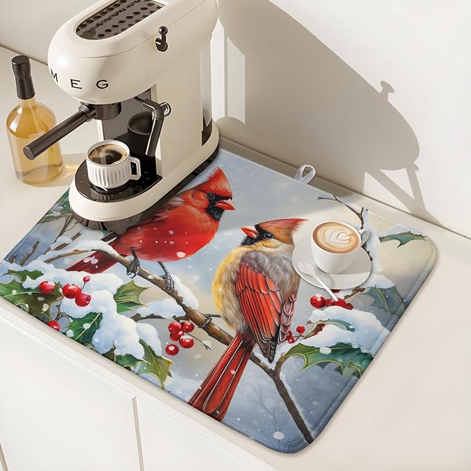 Winter Cardinal Birds Dish Drying Mat, Holly Berry Branches Dish Drying Mat - Image 7